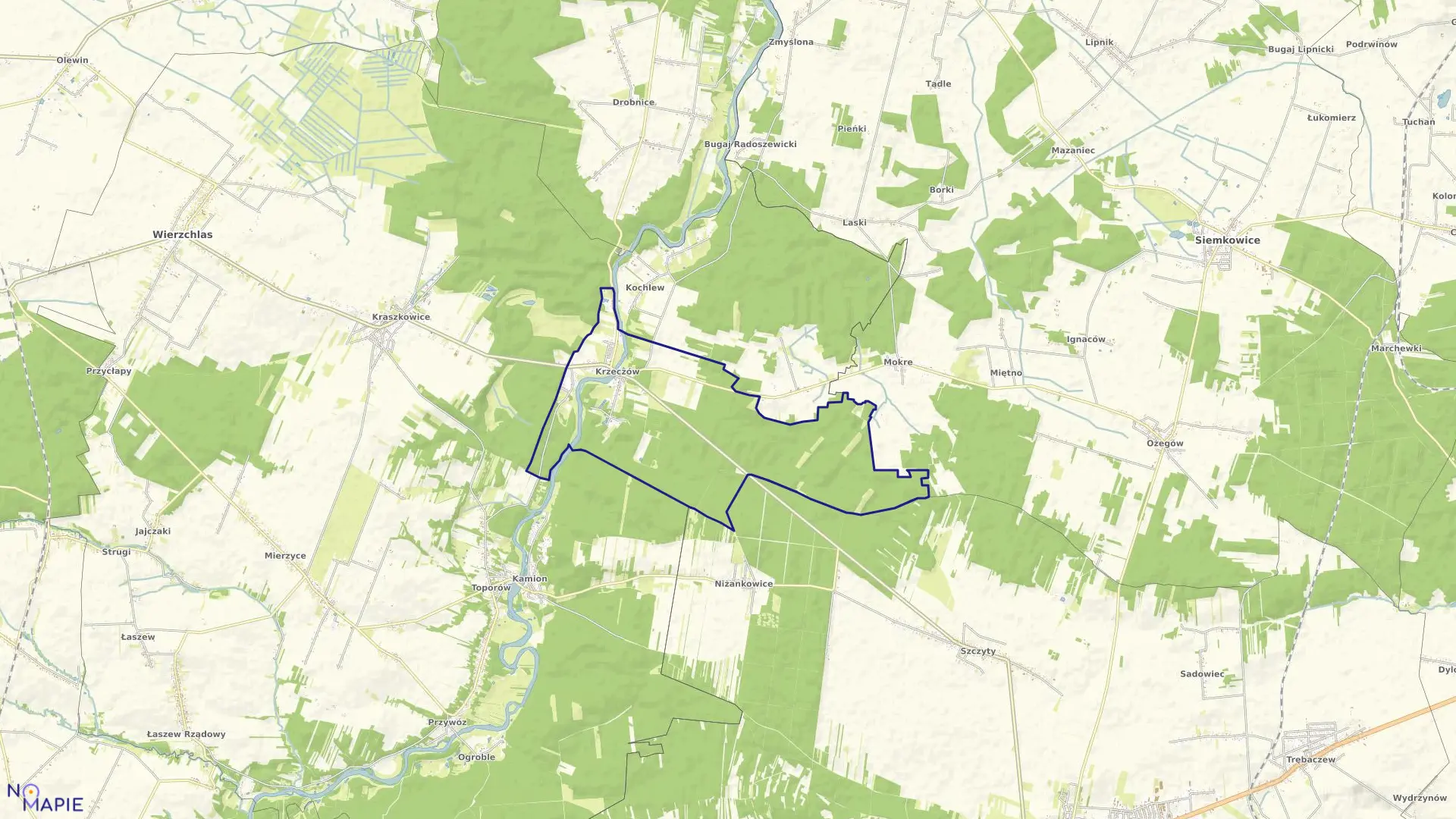 Mapa obrębu KRZECZÓW w gminie Wierzchlas