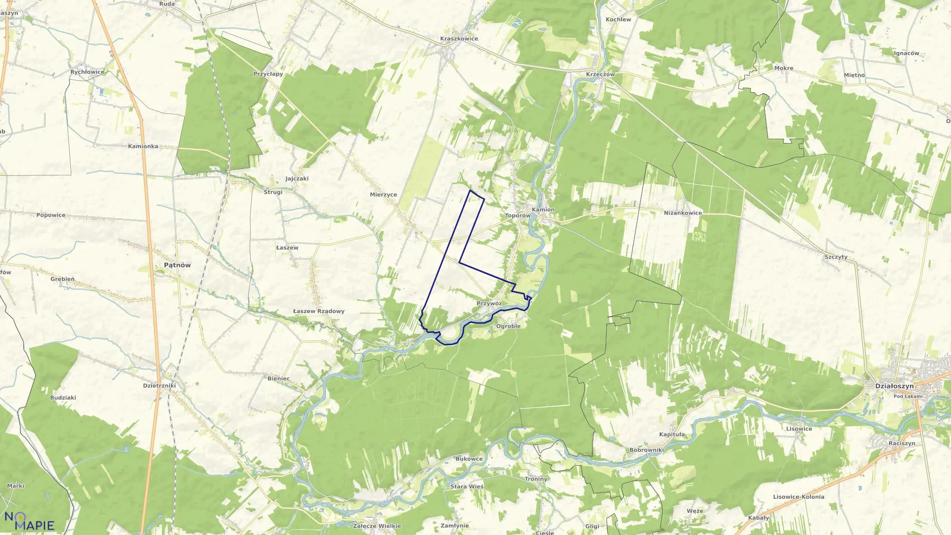 Mapa obrębu PRZYWÓZ w gminie Wierzchlas